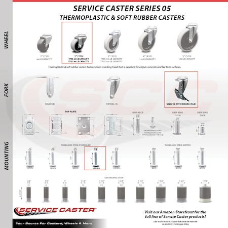 Service Caster 2 Inch Polyurethane Wheel 5/16 Threaded Stem Caster Set with Brakes SCC, 5PK SCC-TS05S210-TPUS-SLB-5161810-5